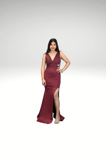 Crimson Elegance: The Long Side-Cut V-Neck Dark Red Dress