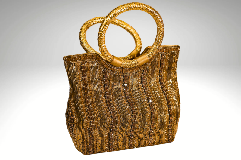 Aurora Gilded: Exquisite Golden Purse with Intricate Work | Surbhi's Couture