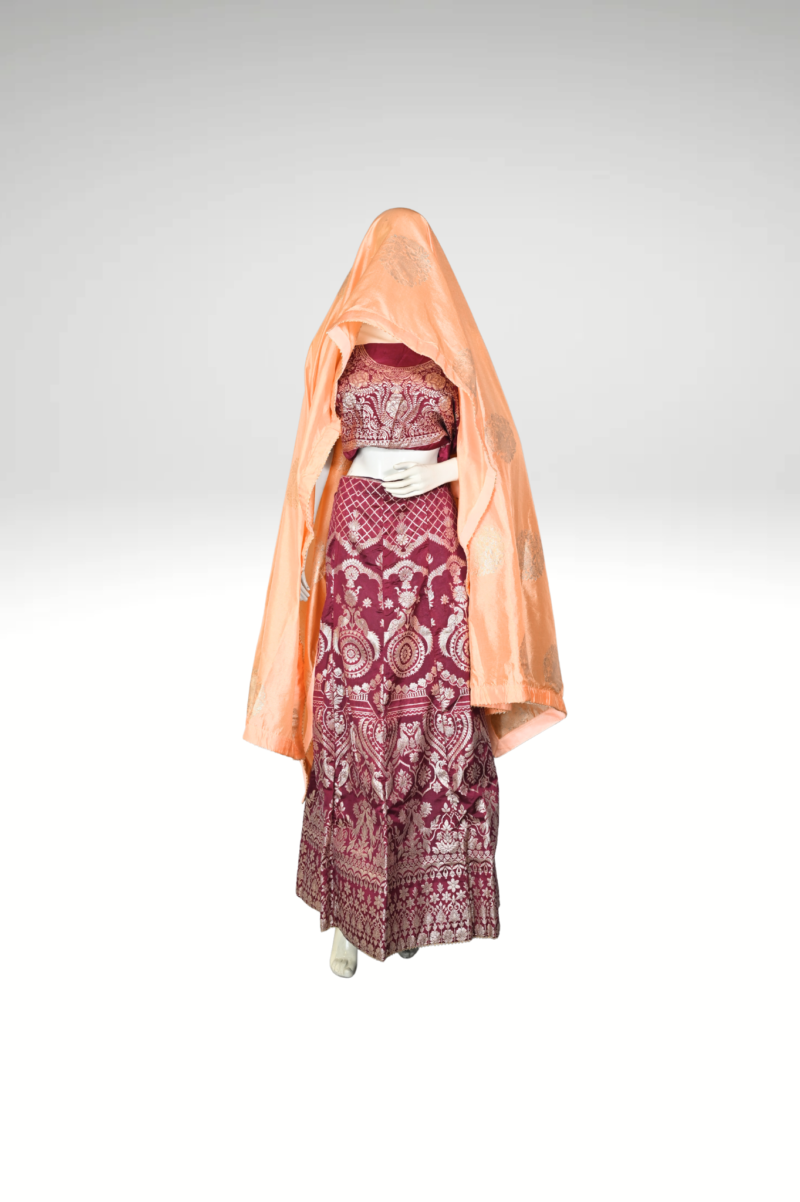 Silken Sangeet - Peach and Wine Banarasi Silk Lehenga