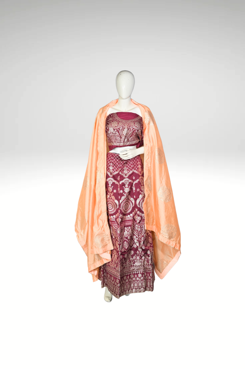 Silken Sangeet - Peach and Wine Banarasi Silk Lehenga